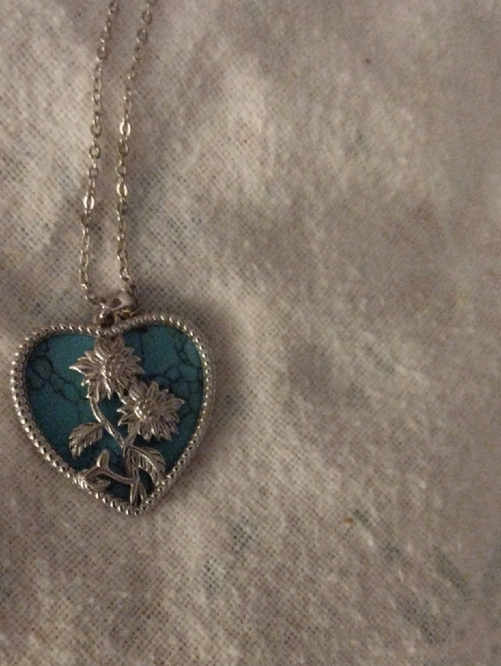 Silver Floral Heart Pendant Necklace with Turquoise Inlay